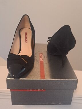 Prada Black Suede Pumps with Patent Pointed Toe